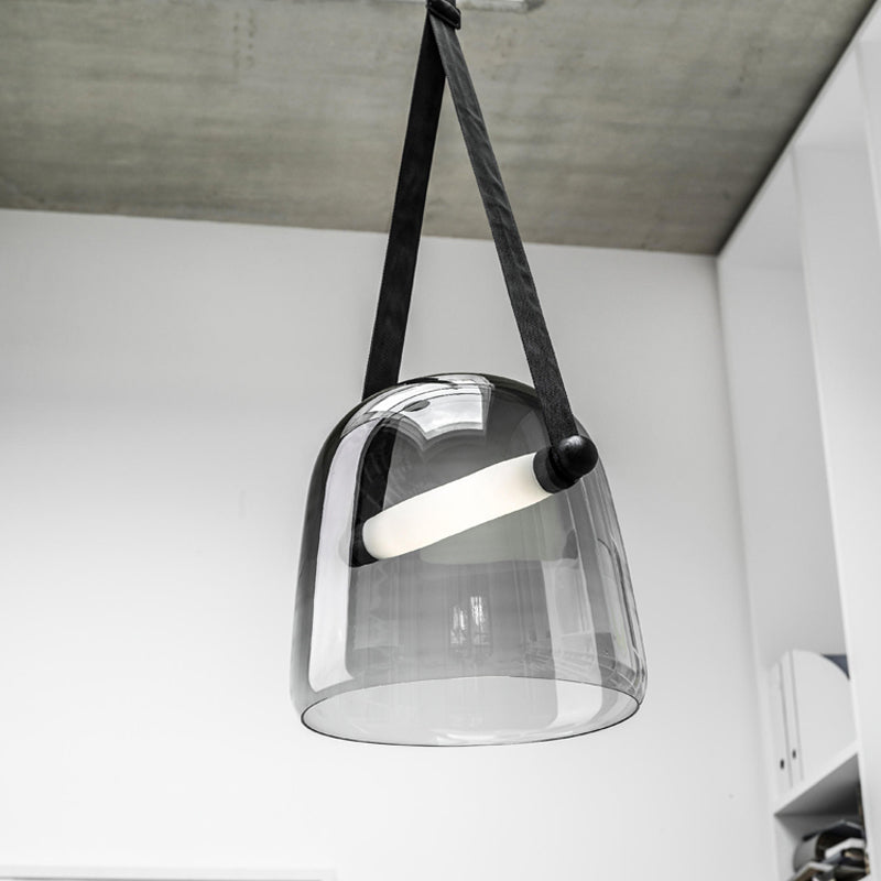 Cream/Smoke Grey Glass Cloche Pendant Postmodern 1 Bulb Black/Beige Hanging Ceiling Light with Buckle Strap Clearhalo 'Ceiling Lights' 'Glass shade' 'Glass' 'Modern Pendants' 'Modern' 'Pendant Lights' 'Pendants' Lighting' 1937316