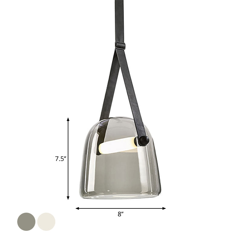 Cream/Smoke Grey Glass Cloche Pendant Postmodern 1 Bulb Black/Beige Hanging Ceiling Light with Buckle Strap Clearhalo 'Ceiling Lights' 'Glass shade' 'Glass' 'Modern Pendants' 'Modern' 'Pendant Lights' 'Pendants' Lighting' 1937318