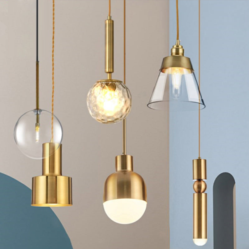 Gold Conical/Hoop/Grenade Hanging Lamp Postmodern 1-Light Metal/Clear Glass Suspension Pendant for Restaurant Clearhalo 'Ceiling Lights' 'Modern Pendants' 'Modern' 'Pendant Lights' 'Pendants' Lighting' 1937345