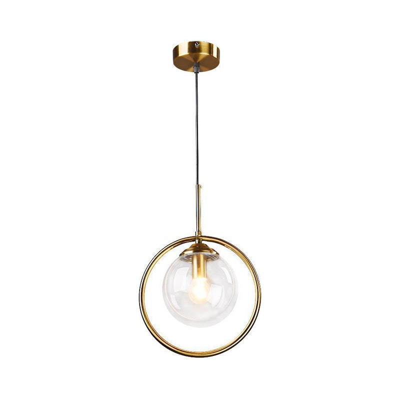 Globe Down Lighting Pendant Postmodern Clear/Amber/Smoke Grey Glass Single-Bulb Bedroom Suspension Light with Brass Ring Clearhalo 'Ceiling Lights' 'Glass shade' 'Glass' 'Modern Pendants' 'Modern' 'Pendant Lights' 'Pendants' Lighting' 1937408