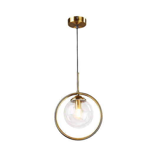 Globe Down Lighting Pendant Postmodern Clear/Amber/Smoke Grey Glass Single-Bulb Bedroom Suspension Light with Brass Ring Clearhalo 'Ceiling Lights' 'Glass shade' 'Glass' 'Modern Pendants' 'Modern' 'Pendant Lights' 'Pendants' Lighting' 1937408