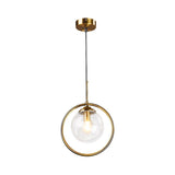 Globe Down Lighting Pendant Postmodern Clear/Amber/Smoke Grey Glass Single-Bulb Bedroom Suspension Light with Brass Ring Clearhalo 'Ceiling Lights' 'Glass shade' 'Glass' 'Modern Pendants' 'Modern' 'Pendant Lights' 'Pendants' Lighting' 1937408