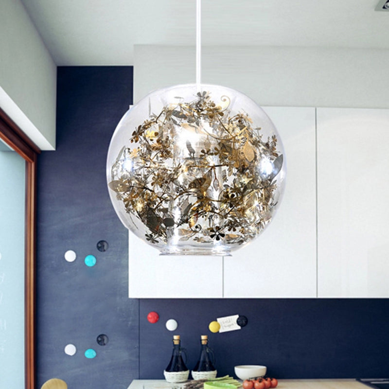 Globe Clear Glass Pendulum Light Modern 1 Head Silver/Gold Ceiling Hang Lamp with Scattered Flower Decor Gold A Clearhalo 'Ceiling Lights' 'Glass shade' 'Glass' 'Modern Pendants' 'Modern' 'Pendant Lights' 'Pendants' Lighting' 1937445