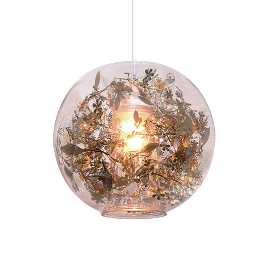 Globe Clear Glass Pendulum Light Modern 1 Head Silver/Gold Ceiling Hang Lamp with Scattered Flower Decor Clearhalo 'Ceiling Lights' 'Glass shade' 'Glass' 'Modern Pendants' 'Modern' 'Pendant Lights' 'Pendants' Lighting' 1937446