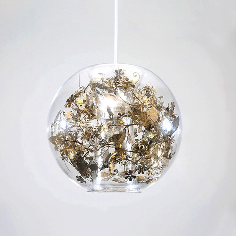 Globe Clear Glass Pendulum Light Modern 1 Head Silver/Gold Ceiling Hang Lamp with Scattered Flower Decor Clearhalo 'Ceiling Lights' 'Glass shade' 'Glass' 'Modern Pendants' 'Modern' 'Pendant Lights' 'Pendants' Lighting' 1937447