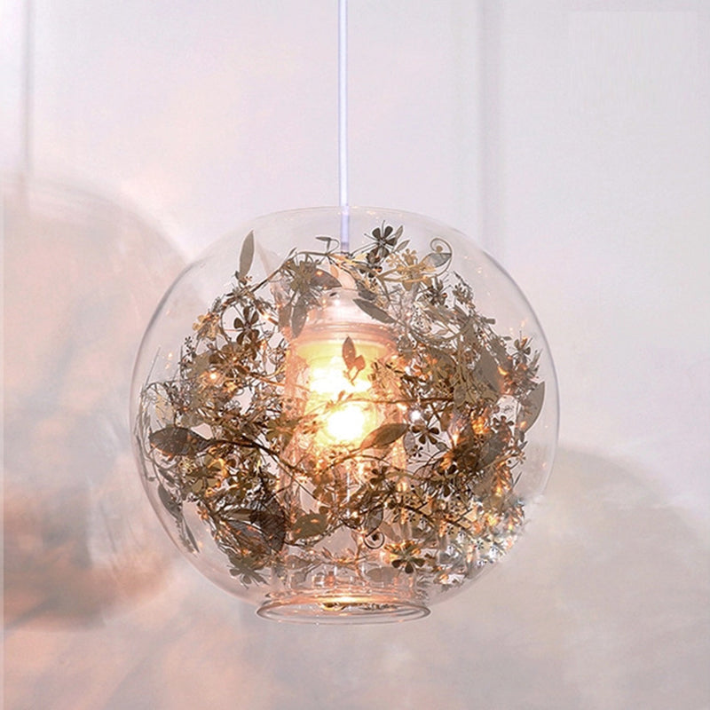 Globe Clear Glass Pendulum Light Modern 1 Head Silver/Gold Ceiling Hang Lamp with Scattered Flower Decor Clearhalo 'Ceiling Lights' 'Glass shade' 'Glass' 'Modern Pendants' 'Modern' 'Pendant Lights' 'Pendants' Lighting' 1937448