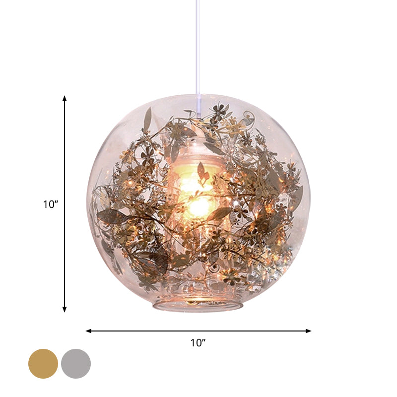 Globe Clear Glass Pendulum Light Modern 1 Head Silver/Gold Ceiling Hang Lamp with Scattered Flower Decor Clearhalo 'Ceiling Lights' 'Glass shade' 'Glass' 'Modern Pendants' 'Modern' 'Pendant Lights' 'Pendants' Lighting' 1937449