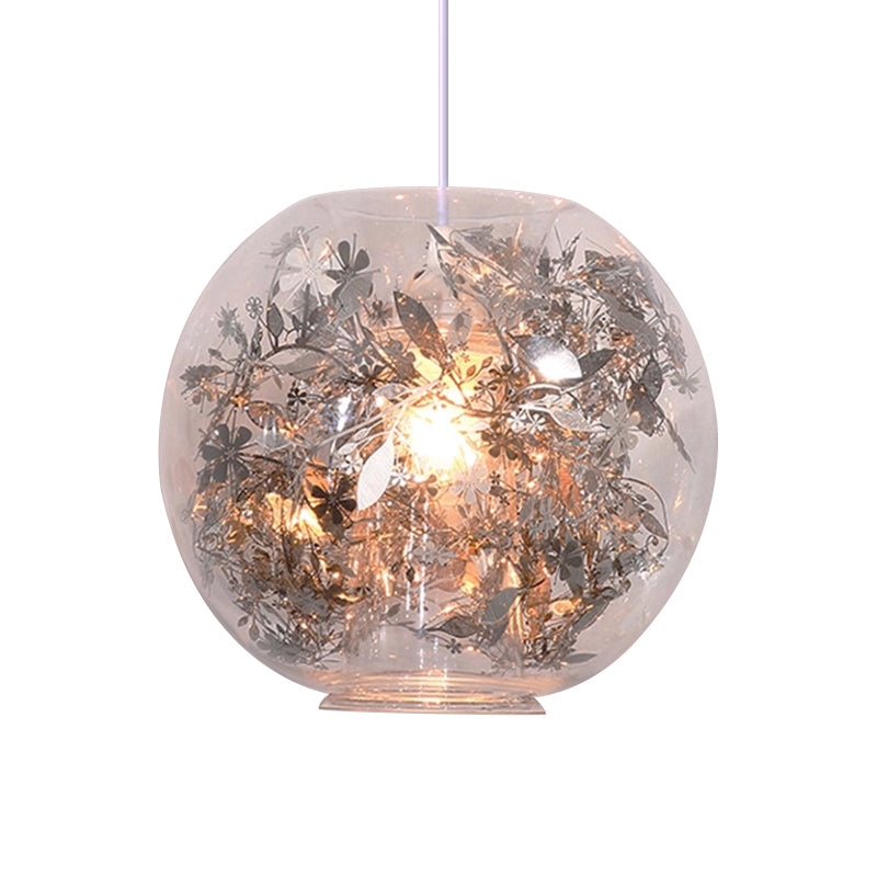 Globe Clear Glass Pendulum Light Modern 1 Head Silver/Gold Ceiling Hang Lamp with Scattered Flower Decor Silver A Clearhalo 'Ceiling Lights' 'Glass shade' 'Glass' 'Modern Pendants' 'Modern' 'Pendant Lights' 'Pendants' Lighting' 1937450