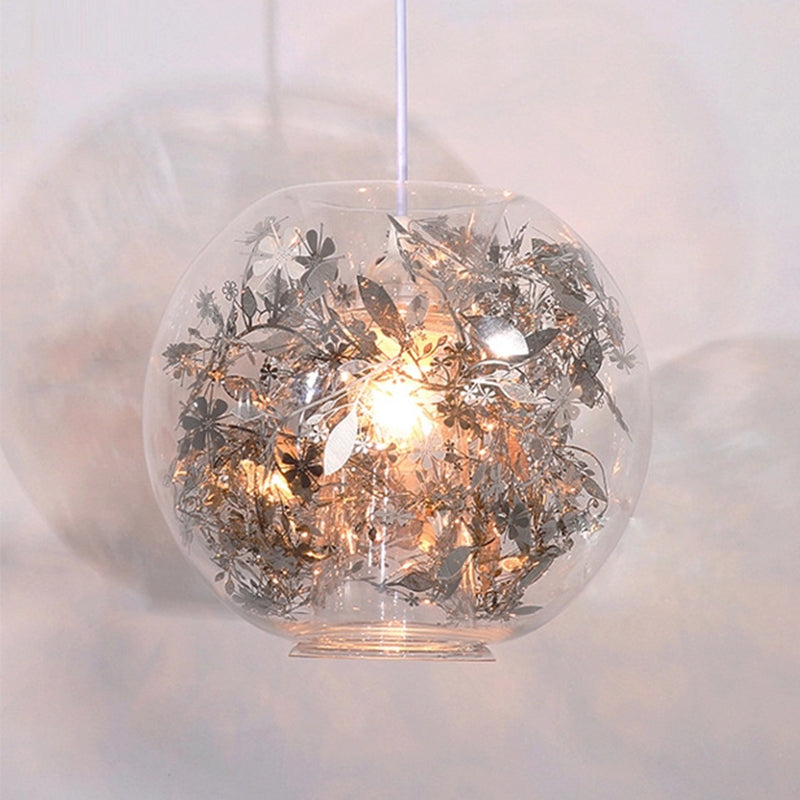 Globe Clear Glass Pendulum Light Modern 1 Head Silver/Gold Ceiling Hang Lamp with Scattered Flower Decor Clearhalo 'Ceiling Lights' 'Glass shade' 'Glass' 'Modern Pendants' 'Modern' 'Pendant Lights' 'Pendants' Lighting' 1937451