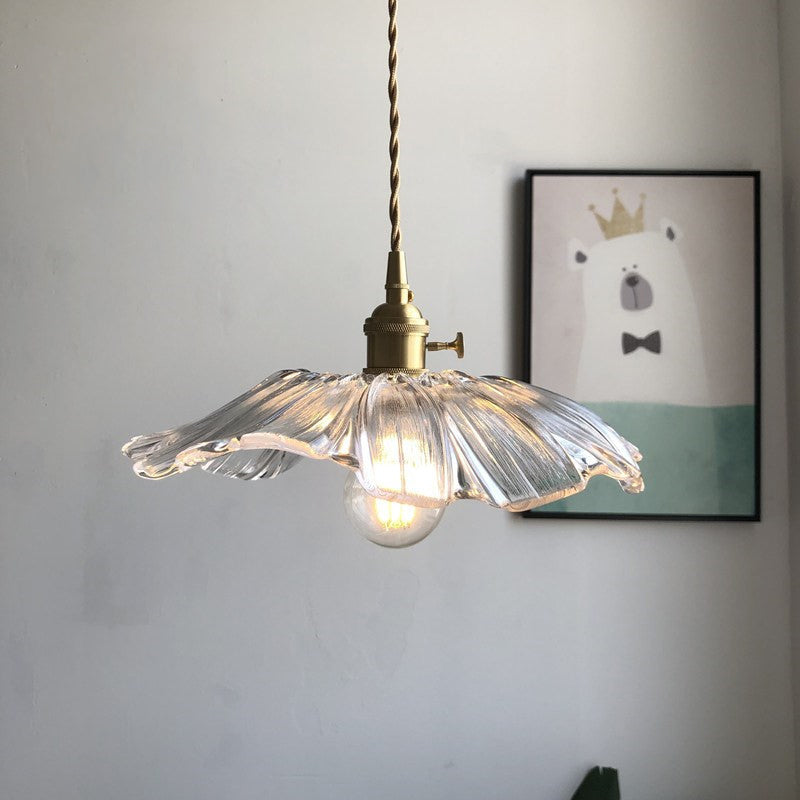 Modern Blossoming Flower Pendant Lamp Purple/Clear Glass 1 Light Dining Table Suspended Lighting Fixture in Brass Clear Clearhalo 'Ceiling Lights' 'Glass shade' 'Glass' 'Modern Pendants' 'Modern' 'Pendant Lights' 'Pendants' Lighting' 1937452