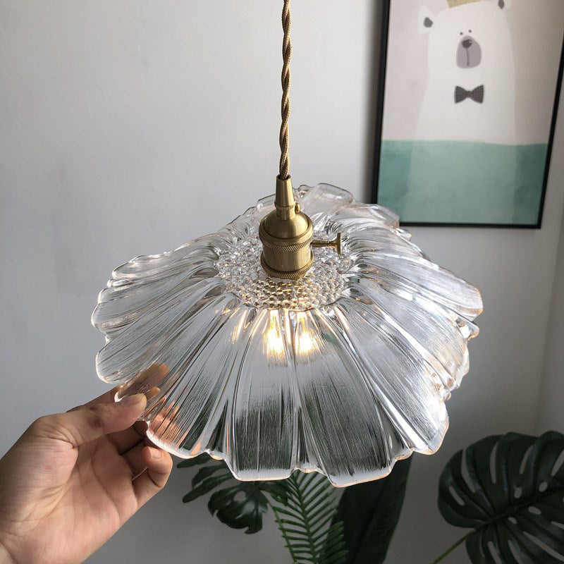 Modern Blossoming Flower Pendant Lamp Purple/Clear Glass 1 Light Dining Table Suspended Lighting Fixture in Brass Clearhalo 'Ceiling Lights' 'Glass shade' 'Glass' 'Modern Pendants' 'Modern' 'Pendant Lights' 'Pendants' Lighting' 1937453