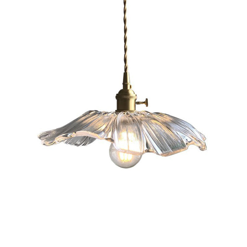 Modern Blossoming Flower Pendant Lamp Purple/Clear Glass 1 Light Dining Table Suspended Lighting Fixture in Brass Clearhalo 'Ceiling Lights' 'Glass shade' 'Glass' 'Modern Pendants' 'Modern' 'Pendant Lights' 'Pendants' Lighting' 1937455