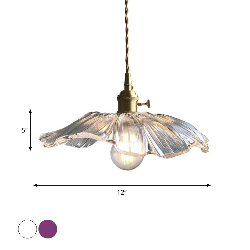 Modern Blossoming Flower Pendant Lamp Purple/Clear Glass 1 Light Dining Table Suspended Lighting Fixture in Brass Clearhalo 'Ceiling Lights' 'Glass shade' 'Glass' 'Modern Pendants' 'Modern' 'Pendant Lights' 'Pendants' Lighting' 1937456