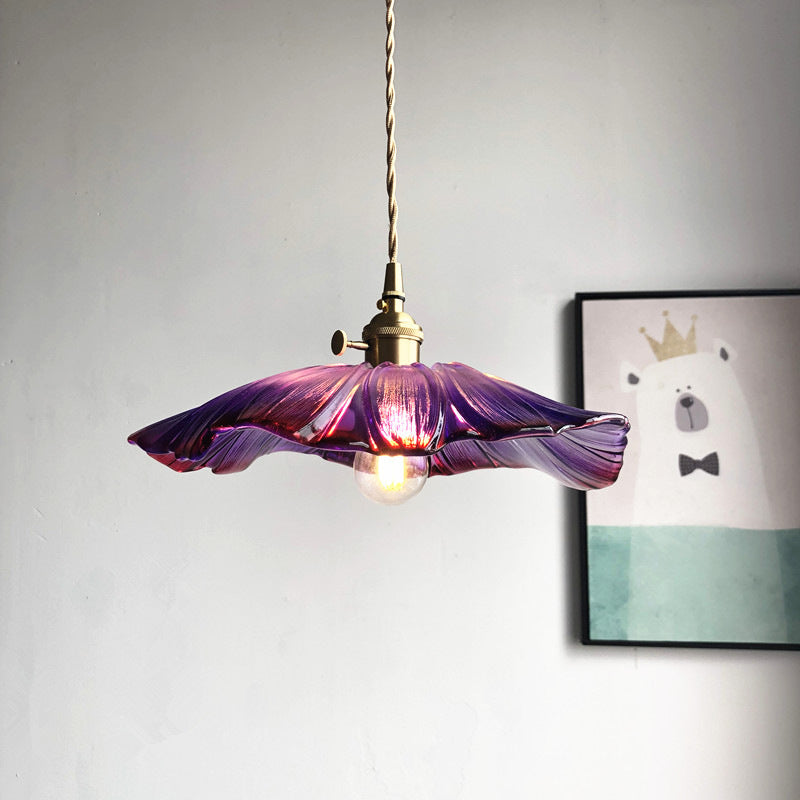 Modern Blossoming Flower Pendant Lamp Purple/Clear Glass 1 Light Dining Table Suspended Lighting Fixture in Brass Purple Clearhalo 'Ceiling Lights' 'Glass shade' 'Glass' 'Modern Pendants' 'Modern' 'Pendant Lights' 'Pendants' Lighting' 1937457