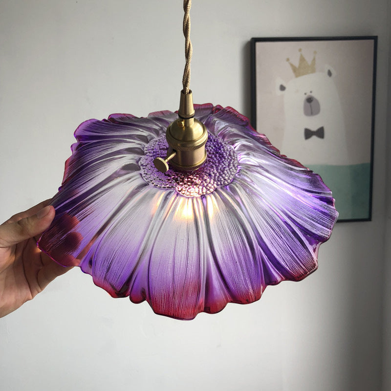 Modern Blossoming Flower Pendant Lamp Purple/Clear Glass 1 Light Dining Table Suspended Lighting Fixture in Brass Clearhalo 'Ceiling Lights' 'Glass shade' 'Glass' 'Modern Pendants' 'Modern' 'Pendant Lights' 'Pendants' Lighting' 1937458