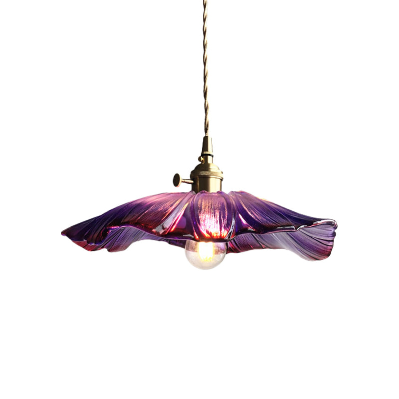 Modern Blossoming Flower Pendant Lamp Purple/Clear Glass 1 Light Dining Table Suspended Lighting Fixture in Brass Clearhalo 'Ceiling Lights' 'Glass shade' 'Glass' 'Modern Pendants' 'Modern' 'Pendant Lights' 'Pendants' Lighting' 1937459