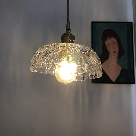 Bowl Shaped Clear Textured Glass Pendant Modern 1 Head Brass Hanging Light with Floral Rim Clear Clearhalo 'Ceiling Lights' 'Glass shade' 'Glass' 'Modern Pendants' 'Modern' 'Pendant Lights' 'Pendants' Lighting' 1937460