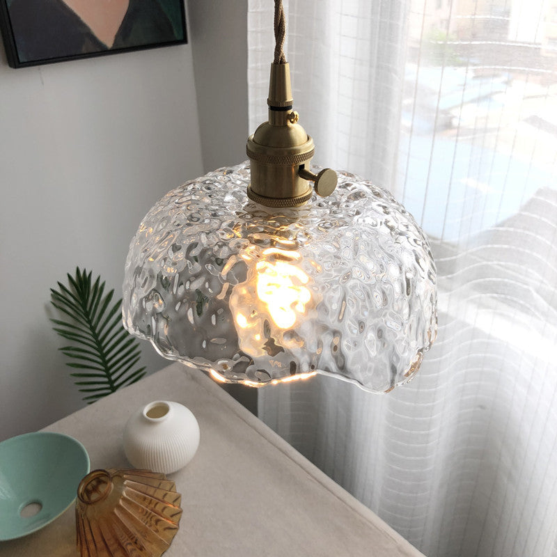 Bowl Shaped Clear Textured Glass Pendant Modern 1 Head Brass Hanging Light with Floral Rim Clearhalo 'Ceiling Lights' 'Glass shade' 'Glass' 'Modern Pendants' 'Modern' 'Pendant Lights' 'Pendants' Lighting' 1937461