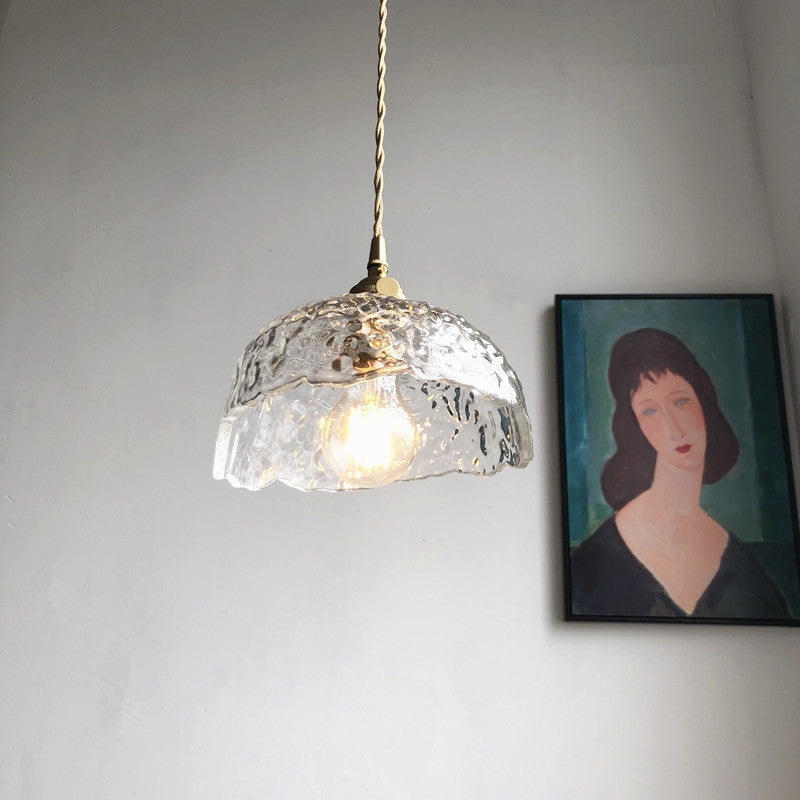Bowl Shaped Clear Textured Glass Pendant Modern 1 Head Brass Hanging Light with Floral Rim Clearhalo 'Ceiling Lights' 'Glass shade' 'Glass' 'Modern Pendants' 'Modern' 'Pendant Lights' 'Pendants' Lighting' 1937462