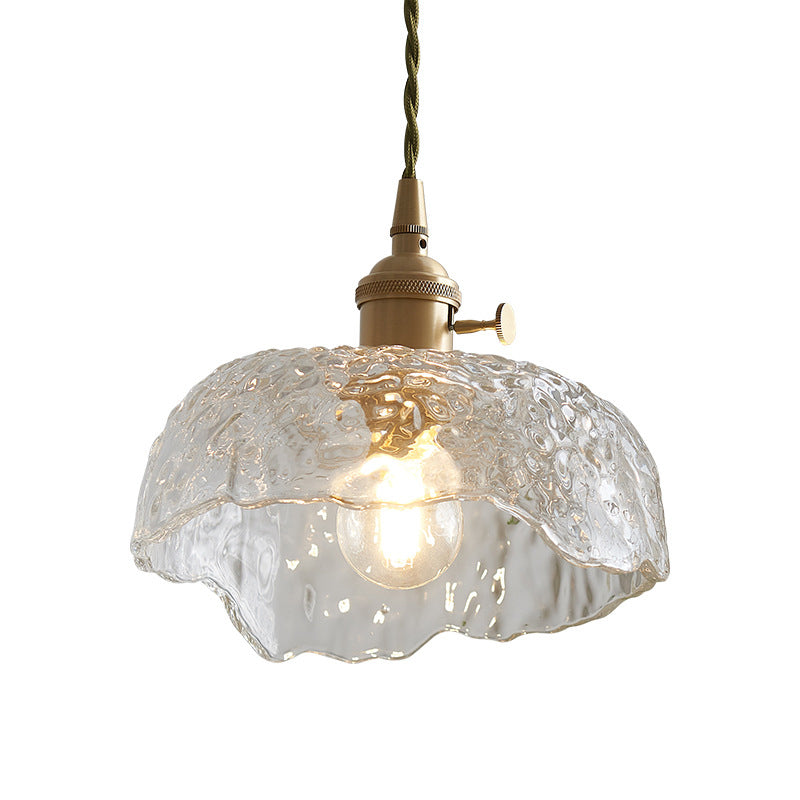 Bowl Shaped Clear Textured Glass Pendant Modern 1 Head Brass Hanging Light with Floral Rim Clearhalo 'Ceiling Lights' 'Glass shade' 'Glass' 'Modern Pendants' 'Modern' 'Pendant Lights' 'Pendants' Lighting' 1937463