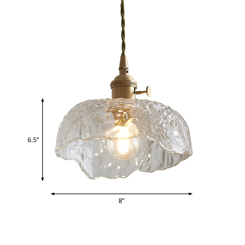 Bowl Shaped Clear Textured Glass Pendant Modern 1 Head Brass Hanging Light with Floral Rim Clearhalo 'Ceiling Lights' 'Glass shade' 'Glass' 'Modern Pendants' 'Modern' 'Pendant Lights' 'Pendants' Lighting' 1937464