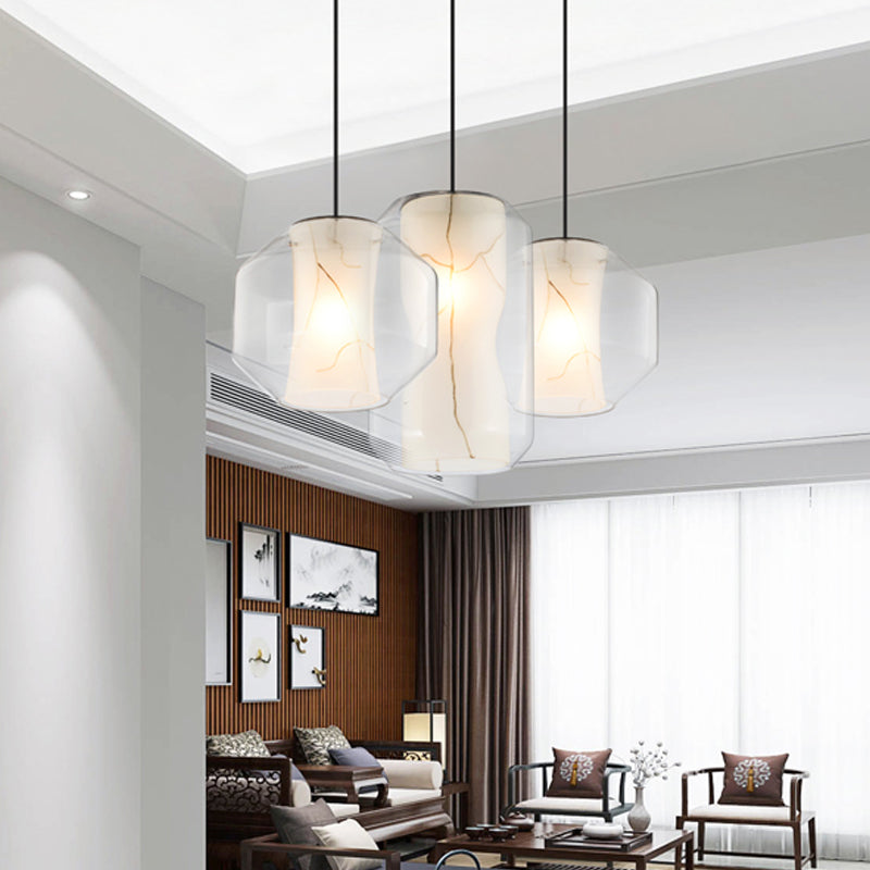 White Curved Pendant Light Modern Single Faux Marble Ceiling Suspension Lamp with Outer Cylinder/Lantern Clear Glass Shade Clearhalo 'Ceiling Lights' 'Glass shade' 'Glass' 'Modern Pendants' 'Modern' 'Pendant Lights' 'Pendants' Lighting' 1937471