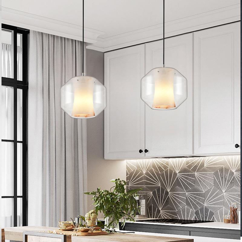 White Curved Pendant Light Modern Single Faux Marble Ceiling Suspension Lamp with Outer Cylinder/Lantern Clear Glass Shade White A Clearhalo 'Ceiling Lights' 'Glass shade' 'Glass' 'Modern Pendants' 'Modern' 'Pendant Lights' 'Pendants' Lighting' 1937475