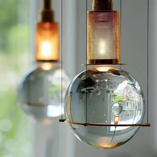 Ball Pendant Ceiling Light Postmodern Clear Glass Single Gold Hanging Lamp Kit with Mesh Top Gold Clearhalo 'Ceiling Lights' 'Glass shade' 'Glass' 'Modern Pendants' 'Modern' 'Pendant Lights' 'Pendants' Lighting' 1937493