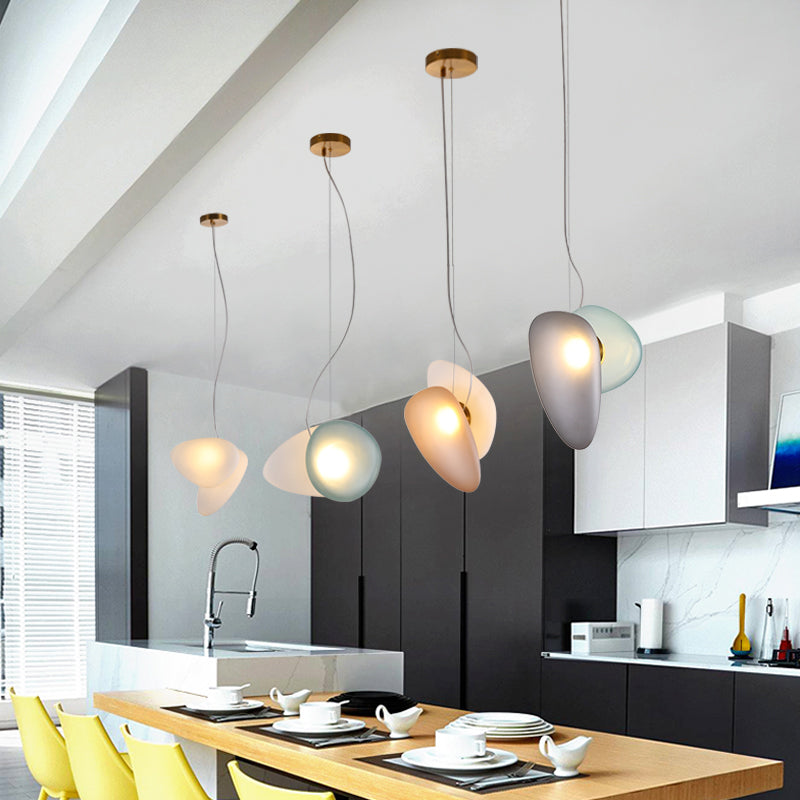 2 Bulbs Dining Room Pendant Light Post-Modern Brass Suspension Lighting with Pebble Light-Blue/Cream Glass Shade Cream B Clearhalo 'Ceiling Lights' 'Glass shade' 'Glass' 'Modern Pendants' 'Modern' 'Pendant Lights' 'Pendants' Lighting' 1937504