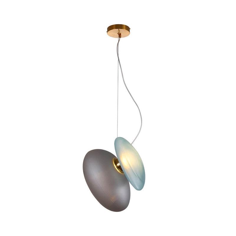 2 Bulbs Dining Room Pendant Light Post-Modern Brass Suspension Lighting with Pebble Light-Blue/Cream Glass Shade Clearhalo 'Ceiling Lights' 'Glass shade' 'Glass' 'Modern Pendants' 'Modern' 'Pendant Lights' 'Pendants' Lighting' 1937514