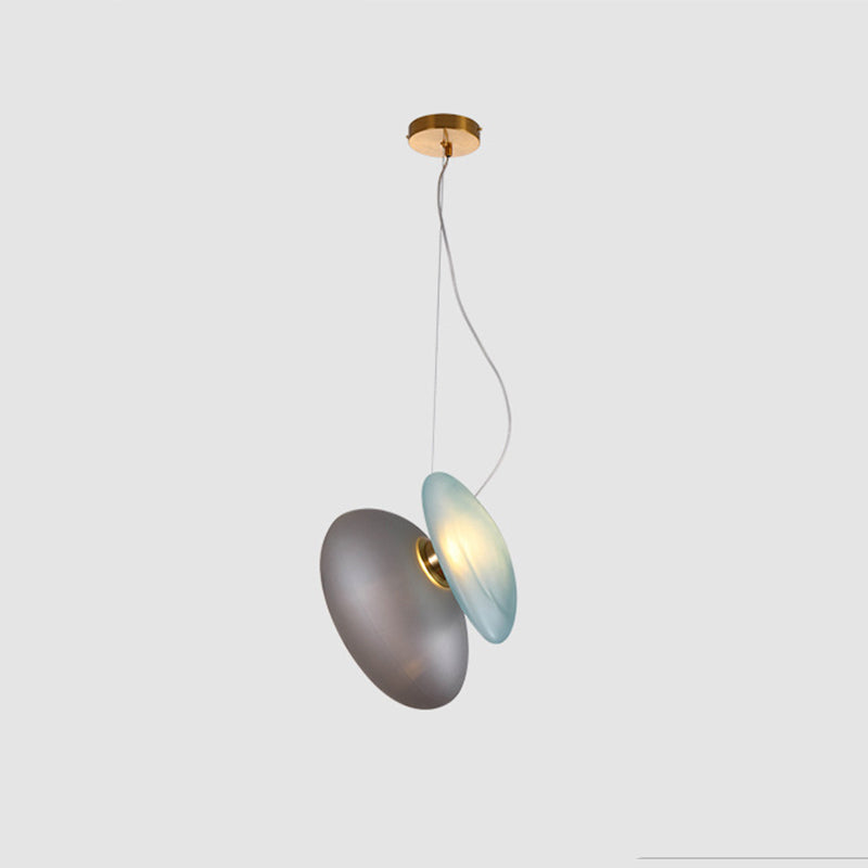 2 Bulbs Dining Room Pendant Light Post-Modern Brass Suspension Lighting with Pebble Light-Blue/Cream Glass Shade Clearhalo 'Ceiling Lights' 'Glass shade' 'Glass' 'Modern Pendants' 'Modern' 'Pendant Lights' 'Pendants' Lighting' 1937515