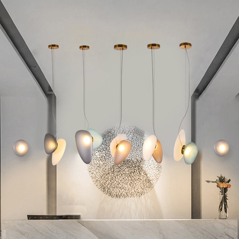 2 Bulbs Dining Room Pendant Light Post-Modern Brass Suspension Lighting with Pebble Light-Blue/Cream Glass Shade Light Blue B Clearhalo 'Ceiling Lights' 'Glass shade' 'Glass' 'Modern Pendants' 'Modern' 'Pendant Lights' 'Pendants' Lighting' 1937517