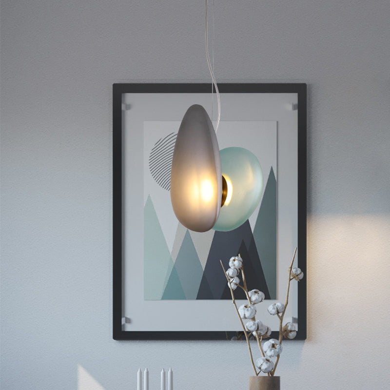 2 Bulbs Dining Room Pendant Light Post-Modern Brass Suspension Lighting with Pebble Light-Blue/Cream Glass Shade Clearhalo 'Ceiling Lights' 'Glass shade' 'Glass' 'Modern Pendants' 'Modern' 'Pendant Lights' 'Pendants' Lighting' 1937518