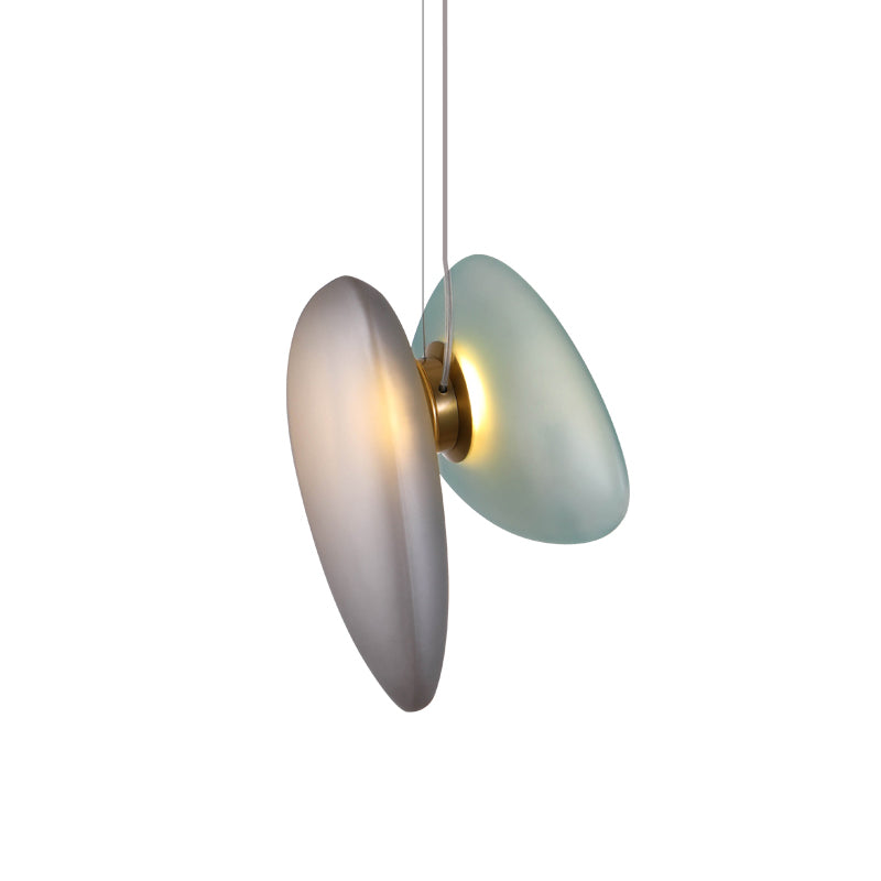 2 Bulbs Dining Room Pendant Light Post-Modern Brass Suspension Lighting with Pebble Light-Blue/Cream Glass Shade Clearhalo 'Ceiling Lights' 'Glass shade' 'Glass' 'Modern Pendants' 'Modern' 'Pendant Lights' 'Pendants' Lighting' 1937519