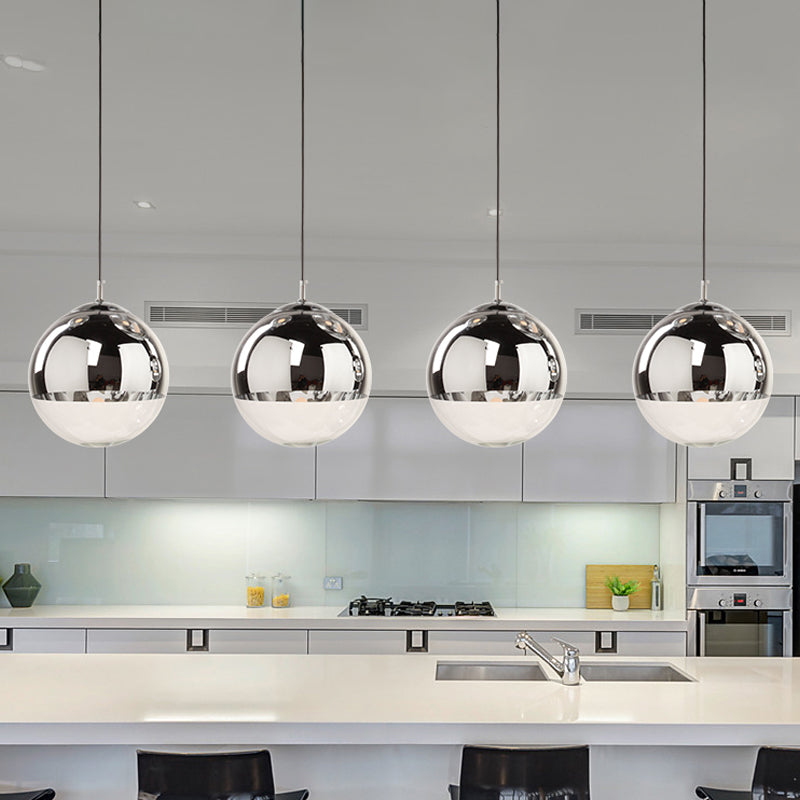 Postmodern Spherical Ceiling Pendant Silver Mirrored Glass 1-Light Kitchen Dinette Suspended Lighting Fixture, 8"/10"/12" Dia Silver Clearhalo 'Ceiling Lights' 'Modern Pendants' 'Modern' 'Pendant Lights' 'Pendants' Lighting' 1937521