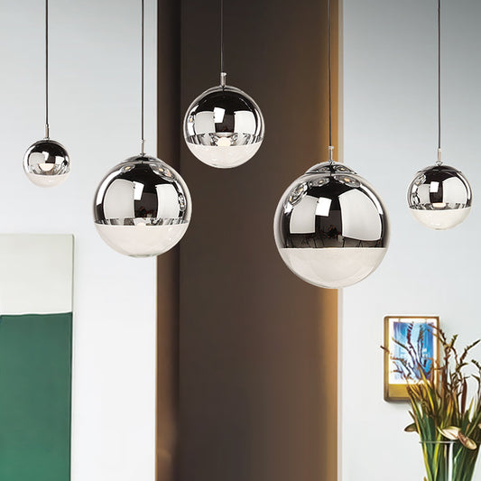 Postmodern Spherical Ceiling Pendant Silver Mirrored Glass 1-Light Kitchen Dinette Suspended Lighting Fixture, 8"/10"/12" Dia Clearhalo 'Ceiling Lights' 'Modern Pendants' 'Modern' 'Pendant Lights' 'Pendants' Lighting' 1937522