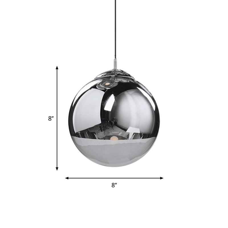 Postmodern Spherical Ceiling Pendant Silver Mirrored Glass 1-Light Kitchen Dinette Suspended Lighting Fixture, 8"/10"/12" Dia Clearhalo 'Ceiling Lights' 'Modern Pendants' 'Modern' 'Pendant Lights' 'Pendants' Lighting' 1937524