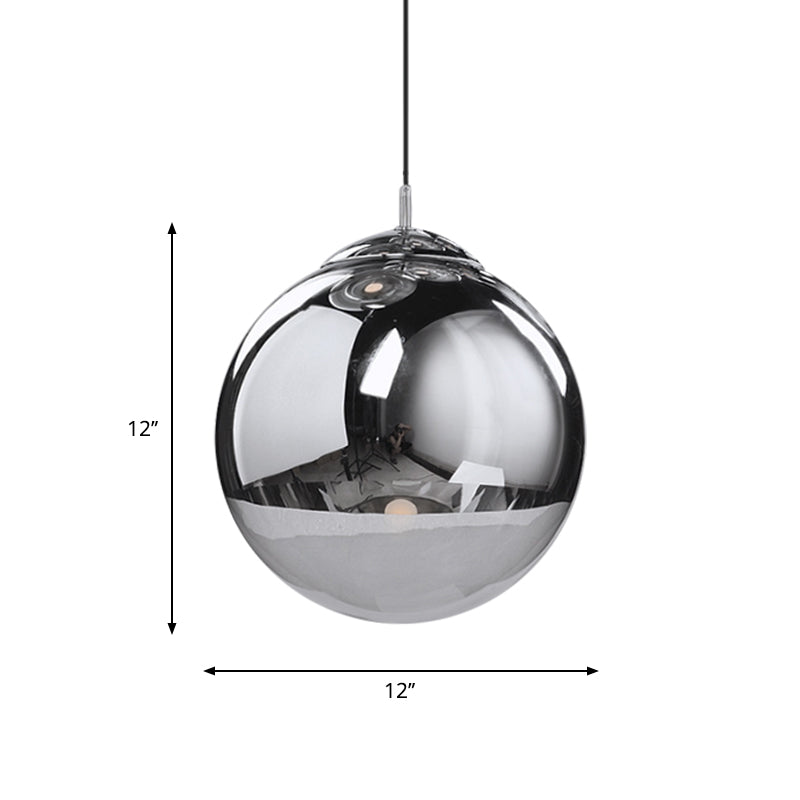 Postmodern Spherical Ceiling Pendant Silver Mirrored Glass 1-Light Kitchen Dinette Suspended Lighting Fixture, 8"/10"/12" Dia Clearhalo 'Ceiling Lights' 'Modern Pendants' 'Modern' 'Pendant Lights' 'Pendants' Lighting' 1937526