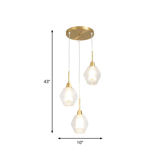 Dual-Shade Diamond Ceiling Hand Lamp Modern Clear Glass 3-Bulb Gold Round/Linear Canopy Cluster Pendant Light Clearhalo 'Ceiling Lights' 'Modern Pendants' 'Modern' 'Pendant Lights' 'Pendants' Lighting' 1937596