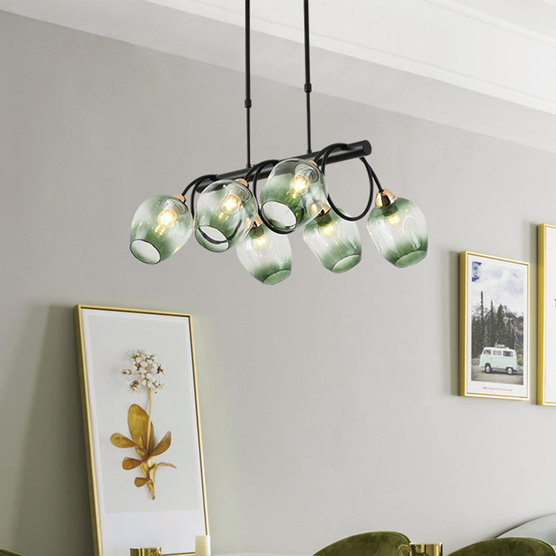Wine Cup Island Light Modern Dimpled Blue/Green Ombre Glass 6/8/10-Head Black Suspended Lighting Fixture 6 Green Clearhalo 'Ceiling Lights' 'Glass shade' 'Glass' 'Island Lights' Lighting' 1937704