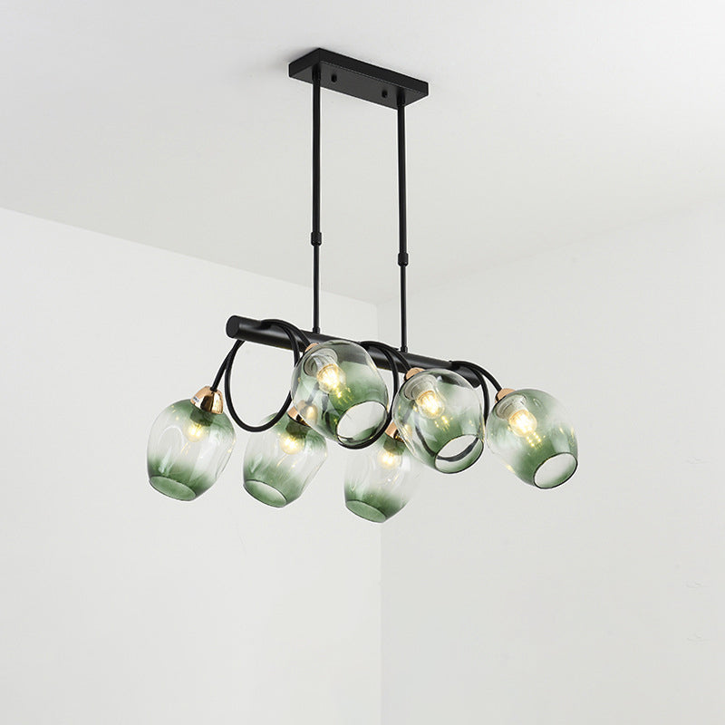 Wine Cup Island Light Modern Dimpled Blue/Green Ombre Glass 6/8/10-Head Black Suspended Lighting Fixture Clearhalo 'Ceiling Lights' 'Glass shade' 'Glass' 'Island Lights' Lighting' 1937705
