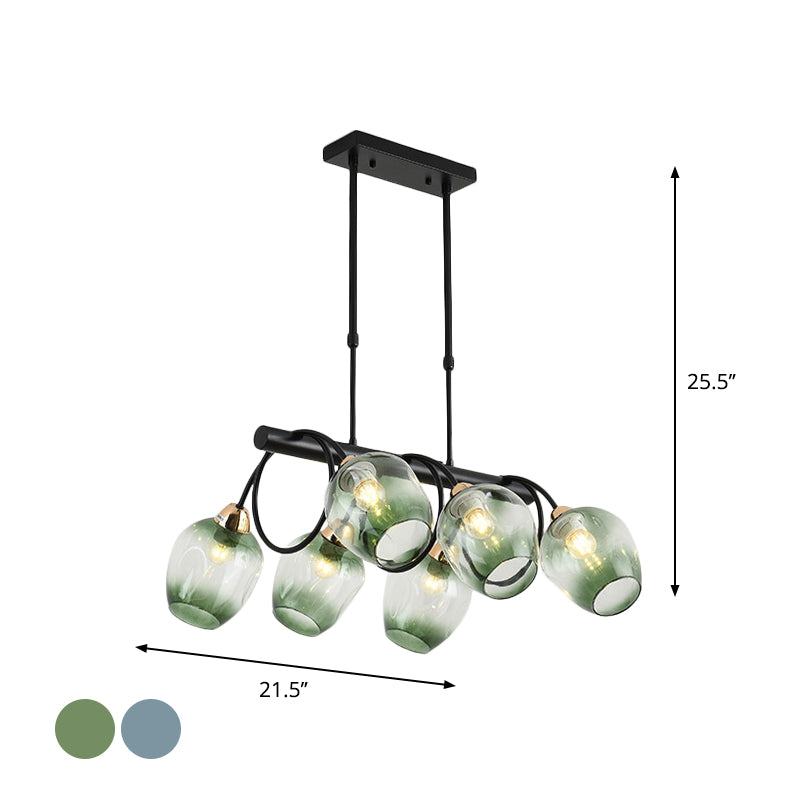 Wine Cup Island Light Modern Dimpled Blue/Green Ombre Glass 6/8/10-Head Black Suspended Lighting Fixture Clearhalo 'Ceiling Lights' 'Glass shade' 'Glass' 'Island Lights' Lighting' 1937707