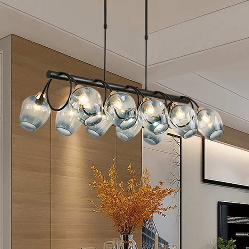 Wine Cup Island Light Modern Dimpled Blue/Green Ombre Glass 6/8/10-Head Black Suspended Lighting Fixture 10 Blue Clearhalo 'Ceiling Lights' 'Glass shade' 'Glass' 'Island Lights' Lighting' 1937708
