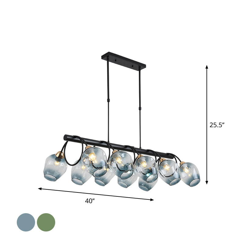 Wine Cup Island Light Modern Dimpled Blue/Green Ombre Glass 6/8/10-Head Black Suspended Lighting Fixture Clearhalo 'Ceiling Lights' 'Glass shade' 'Glass' 'Island Lights' Lighting' 1937712