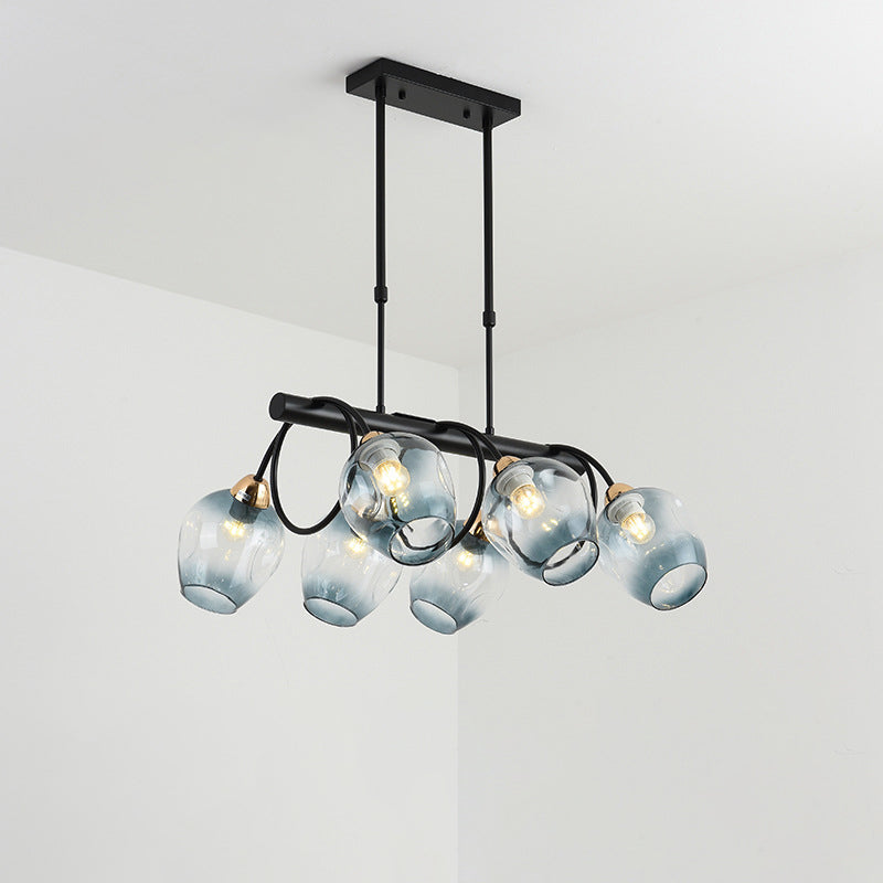 Wine Cup Island Light Modern Dimpled Blue/Green Ombre Glass 6/8/10-Head Black Suspended Lighting Fixture Clearhalo 'Ceiling Lights' 'Glass shade' 'Glass' 'Island Lights' Lighting' 1937719