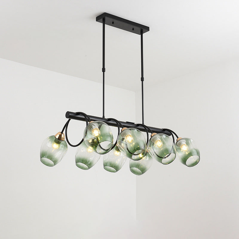 Wine Cup Island Light Modern Dimpled Blue/Green Ombre Glass 6/8/10-Head Black Suspended Lighting Fixture 8 Green Clearhalo 'Ceiling Lights' 'Glass shade' 'Glass' 'Island Lights' Lighting' 1937721