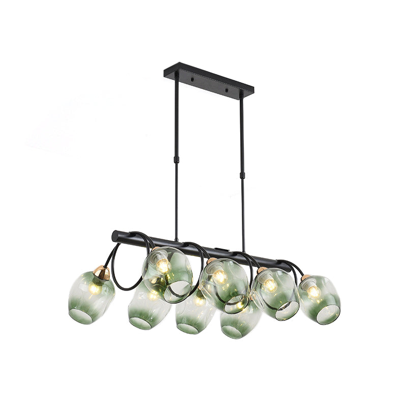 Wine Cup Island Light Modern Dimpled Blue/Green Ombre Glass 6/8/10-Head Black Suspended Lighting Fixture Clearhalo 'Ceiling Lights' 'Glass shade' 'Glass' 'Island Lights' Lighting' 1937723