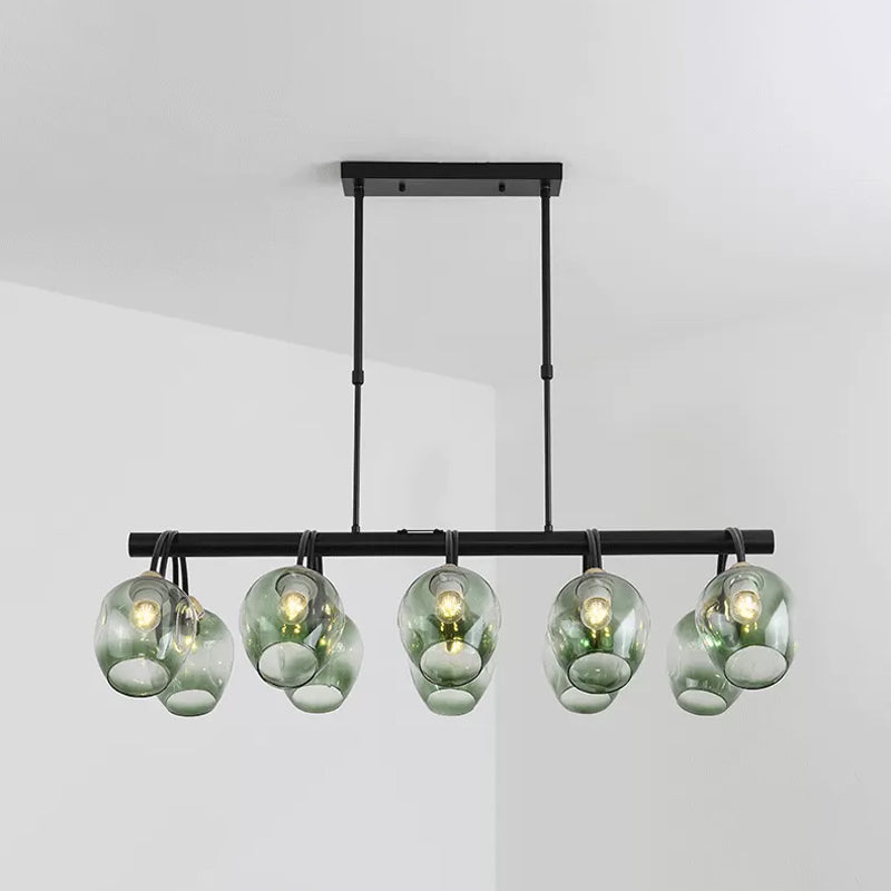 Wine Cup Island Light Modern Dimpled Blue/Green Ombre Glass 6/8/10-Head Black Suspended Lighting Fixture 10 Green Clearhalo 'Ceiling Lights' 'Glass shade' 'Glass' 'Island Lights' Lighting' 1937724