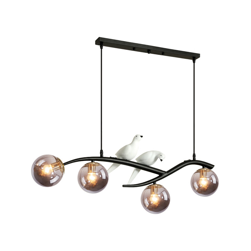 Metal Branch Hanging Lamp Contemporary 4-Light Black/Gold Island Pendant with Bird Deco and Smoke Grey/Cognac Glass Shade Clearhalo 'Ceiling Lights' 'Glass shade' 'Glass' 'Island Lights' Lighting' 1937729