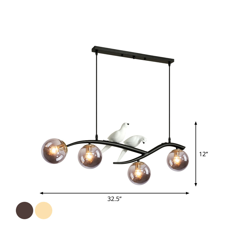 Metal Branch Hanging Lamp Contemporary 4-Light Black/Gold Island Pendant with Bird Deco and Smoke Grey/Cognac Glass Shade Clearhalo 'Ceiling Lights' 'Glass shade' 'Glass' 'Island Lights' Lighting' 1937731